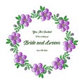 Graphic green leaves and purple wreath frame, for style design of card bride and groom. Vector Royalty Free Stock Photo