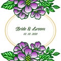 Graphic green leaves and purple wreath frame, for style design of card bride and groom. Vector Royalty Free Stock Photo