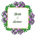 Graphic green leaves and purple wreath frame, for style design of card bride and groom. Vector Royalty Free Stock Photo