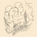 Line Art hand drawn Illustration of Women and flying pigeons on a beige background.