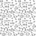 Graphic hand drawn seamless pattern of elements on theme of coffee and tea Royalty Free Stock Photo