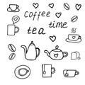 Graphic hand drawn set of elements on theme of coffee and tea. Cup, saucer, teapot, coffee bean, tea bag, lettering, hearts. Royalty Free Stock Photo