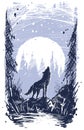 Graphic howling wolf standing on stone in forest