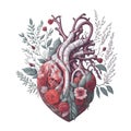 graphic human heart in flowers on white background