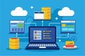 The graphic illustrates the process of syncing laptop storage with large data platforms using cloud services Sync laptop storage Royalty Free Stock Photo