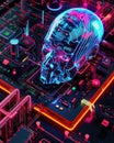 Graphic of Illustration of an advanced AI analyzing investment strategies highlighted by neon colors and abstract hitech