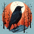 Graphic illustration of a black bird in an autumn forest. Full body profile of a jackdaw in the winter woods. Crow standing on a