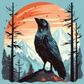 Graphic illustration of a black bird in a scenic forest. Full body profile of a crow in the autumn woods. Raven standing on a rock