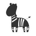 Graphic illustration of a black silhouette of a standing zebra in isolate on a white background .Vector illustration