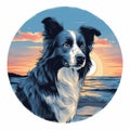 Graphic Illustration Of Border Collie At Sunset
