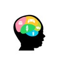 Graphic illustration of a boy head with brain game and junk food icon