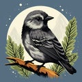 Graphic illustration of a cute little sparrow on a branch at night. A close-up of a small grey bird sitting on a tree in the