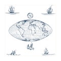 Graphic illustration of Earth globe map with compass and Sea goat. Drawn sketches of sailing vessels in vector.