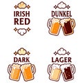 Four beer types Irish Red Dunkel Dark Lager with frothy mugs Royalty Free Stock Photo