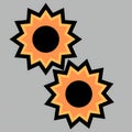Two stylized sunflowers with black centers and jagged orange petals on a gray background Royalty Free Stock Photo