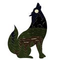 Graphic illustration in the form of a silhouette of a wolf and nature inside. Night landscape glade surrounded by