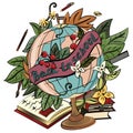 Graphic illustration. Globe with books and pens, with ribbon inscription Back to school., Leaves and flowers