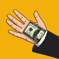 Graphic illustration of a hand presenting a 100 dollar bill on a vivid yellow background Royalty Free Stock Photo