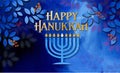 Happy Hanukkah Menorah with graphic texture leaves and berries background graphic