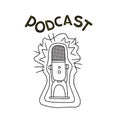 Graphic vector illustration with microphone for podcast. Lettering. Can use for sticker, logo