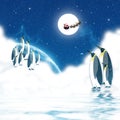 Penguins observing Northern Lights with Santa Claus Flying with Reindeer at night in Artic