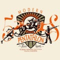 Graphic illustration of pentathlon badge with athletes, vector image