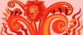 graphic illustration of a red lion background in abstract form,