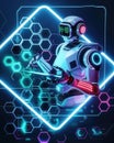 Graphic of Illustration of a robot using AI to create a strategic plan set against a backdrop of glowing hexagons and minimal