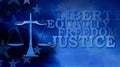 Scales of Judicial Justice with Liberty Equality Freedom Justice graphic abstract background