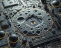 Graphic of Illustration of scientific breakthroughs and data on a lunarthemed electronic mainboard Royalty Free Stock Photo