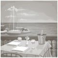 Graphic illustration with served restaurant table for two against ocean landscape Royalty Free Stock Photo