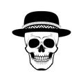 Stylized skull in hat . Black and white.