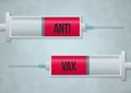 A graphic illustration of two syringes with the words ANTI VAX and the concerns about side effects Royalty Free Stock Photo