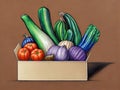 A cardboard full of vegetables - graphic - vintage style