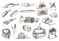 Graphic illustrations of miller stuff in vector. Hand drawn set of bakery and pastry goods in engraving style.