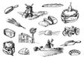 Graphic illustrations of miller stuff in vector. Hand drawn set of bakery and pastry goods in engraving style.