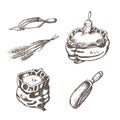 Graphic illustrations of miller stuff in vector. Hand drawn set of farm goods in engraving style.