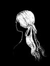 Graphic image of a girl with a ribbon in her long beautiful hair, white on a black background Royalty Free Stock Photo