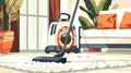 Graphic image of a vacuum cleaner on the carpet in a stylish living room. Household maintenance illustration. Concept of Royalty Free Stock Photo