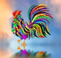 Graphic Kaleidoscope-like Patterns in a Proud Rooster with its Reflection in water