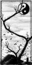 Graphic landscape in ink, Japanese tree with a thin, curving trunk and sharp branches without leaves. A young plant, sakura