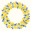 Graphic lemon summer wreath. Modern vibrant repeating design. Hand drawn trendy illustration.