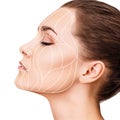 Graphic lines showing facial lifting effect on skin. Royalty Free Stock Photo