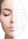 Graphic lines showing facial lifting effect on skin. Royalty Free Stock Photo