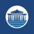 Graphic logo in blue and white representing a building, resembling the Acropolis in Athens, An artistic interpretation of the