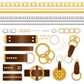 Graphic luxury metal vector collection with golden and silver objects for your design, ornament and texture. Big set of the belt