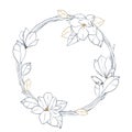 Graphic magnolia wreath.Vector floral design isolated on white background. Coloring book page design for adults and kids.