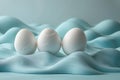 Graphic minimalist background with eggs falling on blue paper, simple and clean with a light color scheme, flat composition a Royalty Free Stock Photo