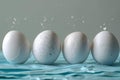 Graphic minimalist background with eggs falling on blue paper, simple and clean with a light color scheme, flat composition a Royalty Free Stock Photo