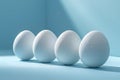 Graphic minimalist background with eggs falling on blue paper, simple and clean with a light color scheme, flat composition a Royalty Free Stock Photo